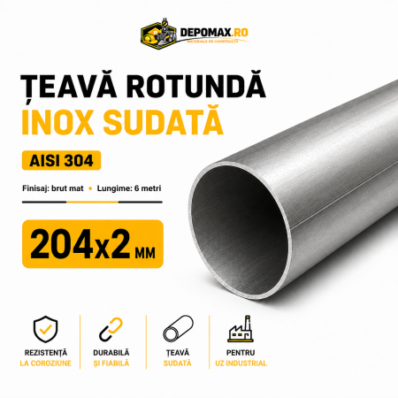 Teava rotunda inox sudata AISI 304, 204 x 2 mm, 6 metri